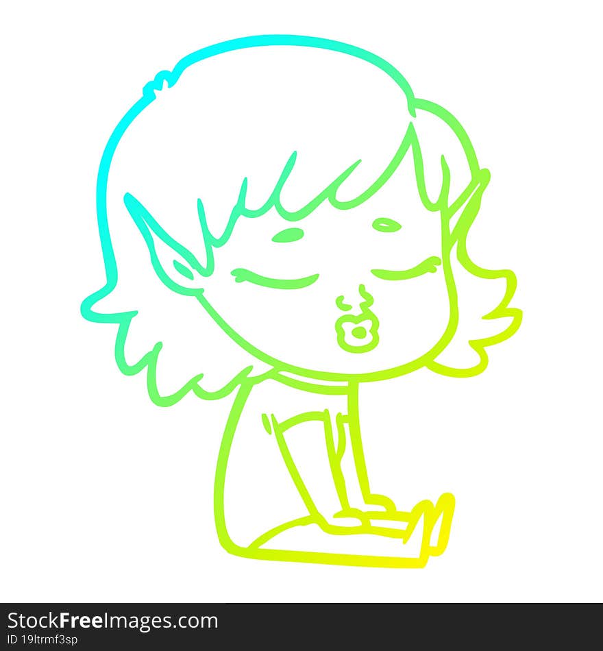 cold gradient line drawing pretty cartoon elf girl sitting