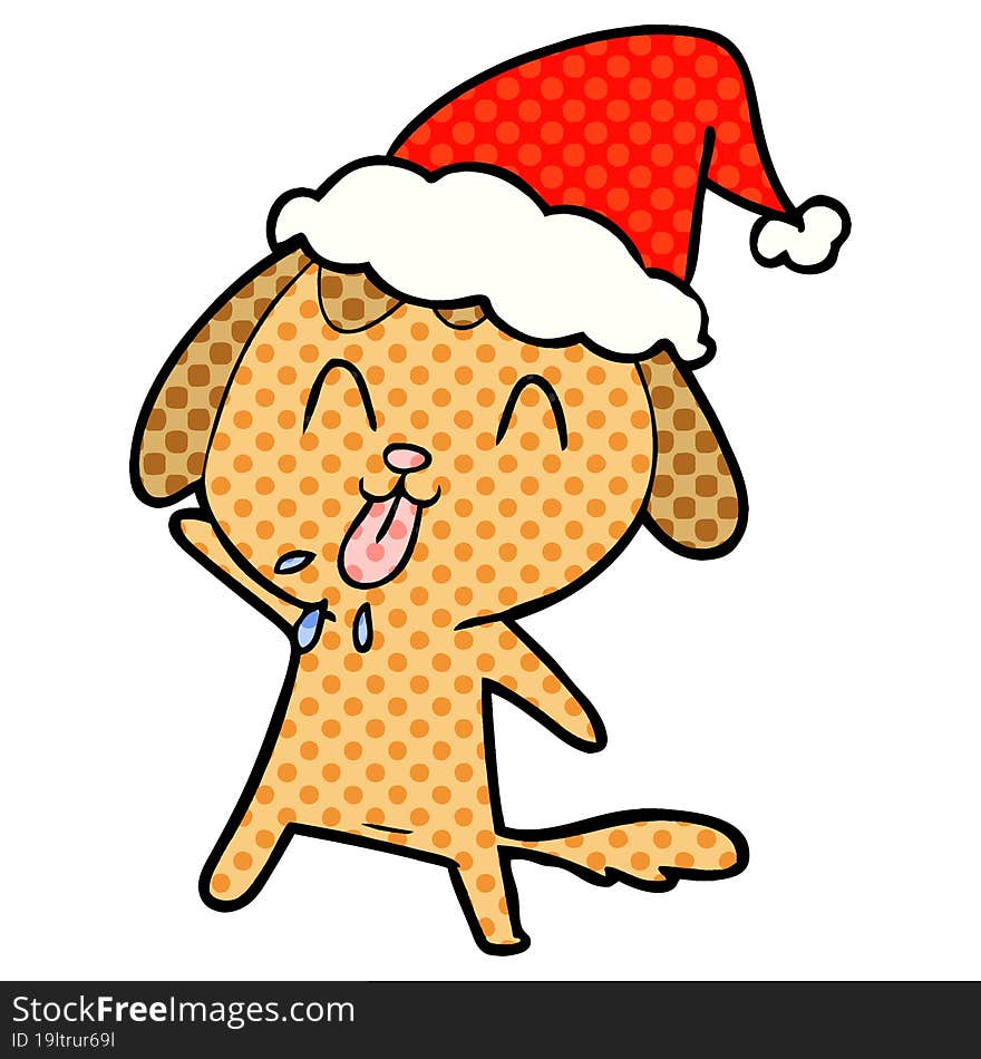 cute comic book style illustration of a dog wearing santa hat