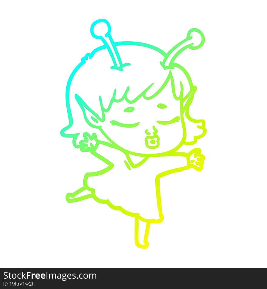 Cold Gradient Line Drawing Cute Alien Girl Cartoon