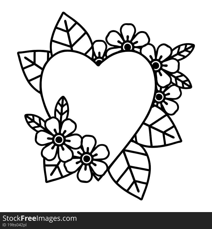 black line tattoo of a botanical heart