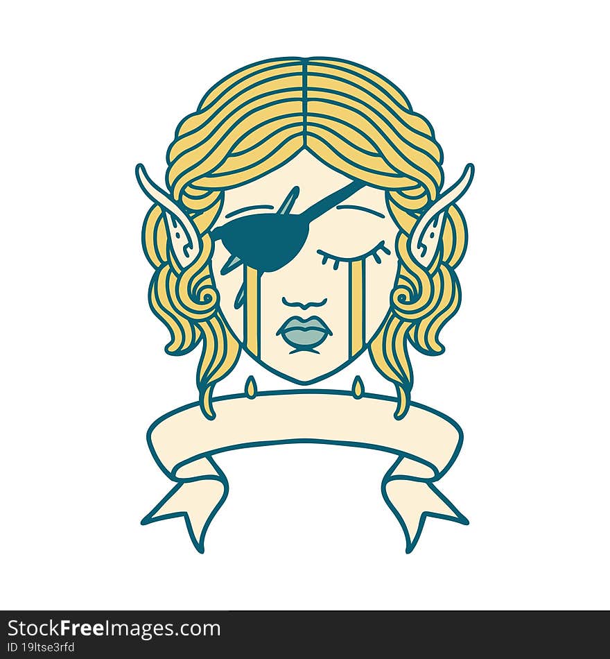 Retro Tattoo Style crying elf rogue character face with banner. Retro Tattoo Style crying elf rogue character face with banner