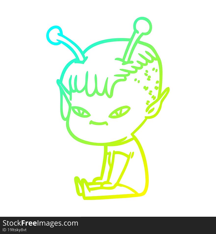 cold gradient line drawing of a cute cartoon alien girl