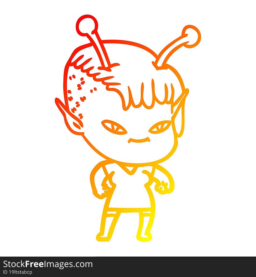 warm gradient line drawing of a cute cartoon alien girl