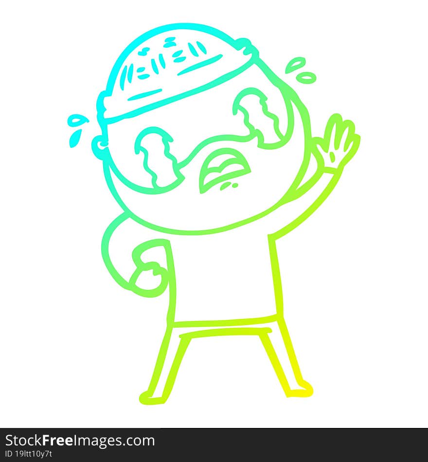 cold gradient line drawing cartoon bearded man waving and crying