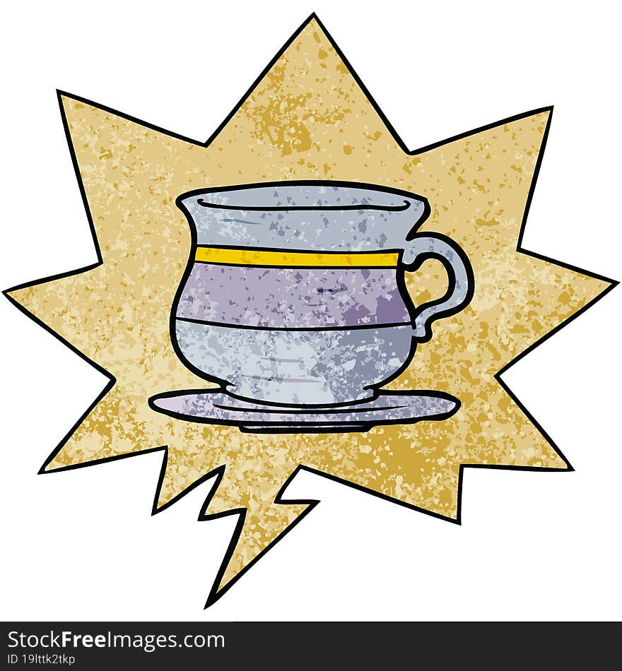 cartoon old tea cup and speech bubble in retro texture style