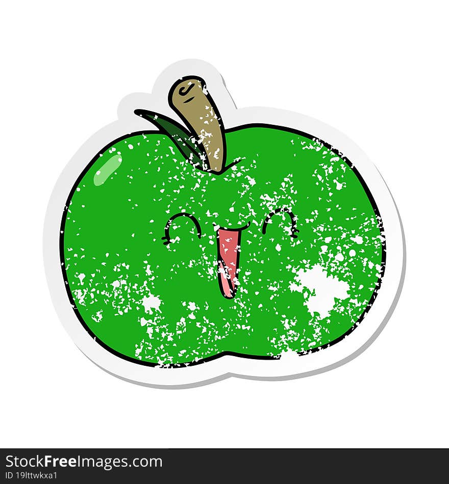 distressed sticker of a cartoon laughing apple