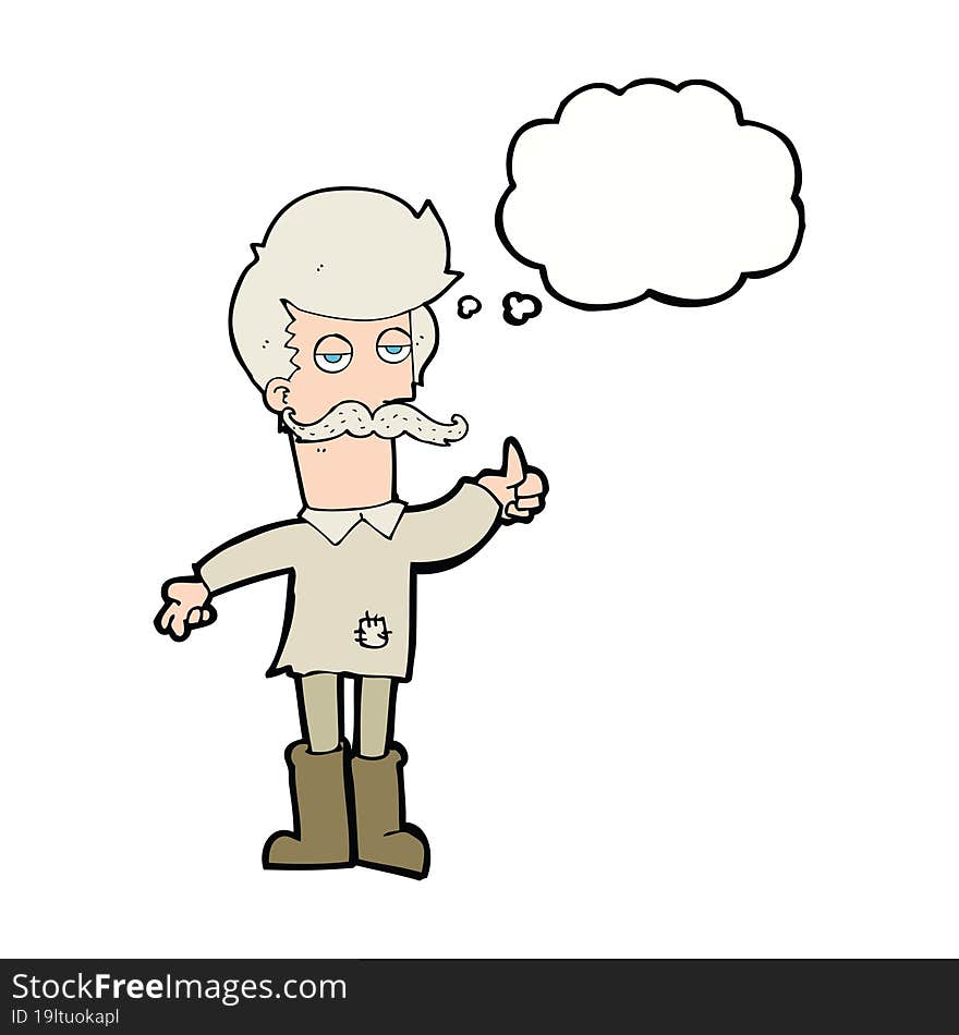 cartoon old man in poor clothes with thought bubble