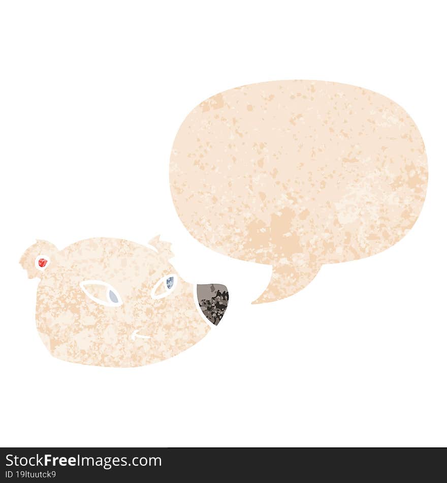 cartoon polar bear face and speech bubble in retro textured style