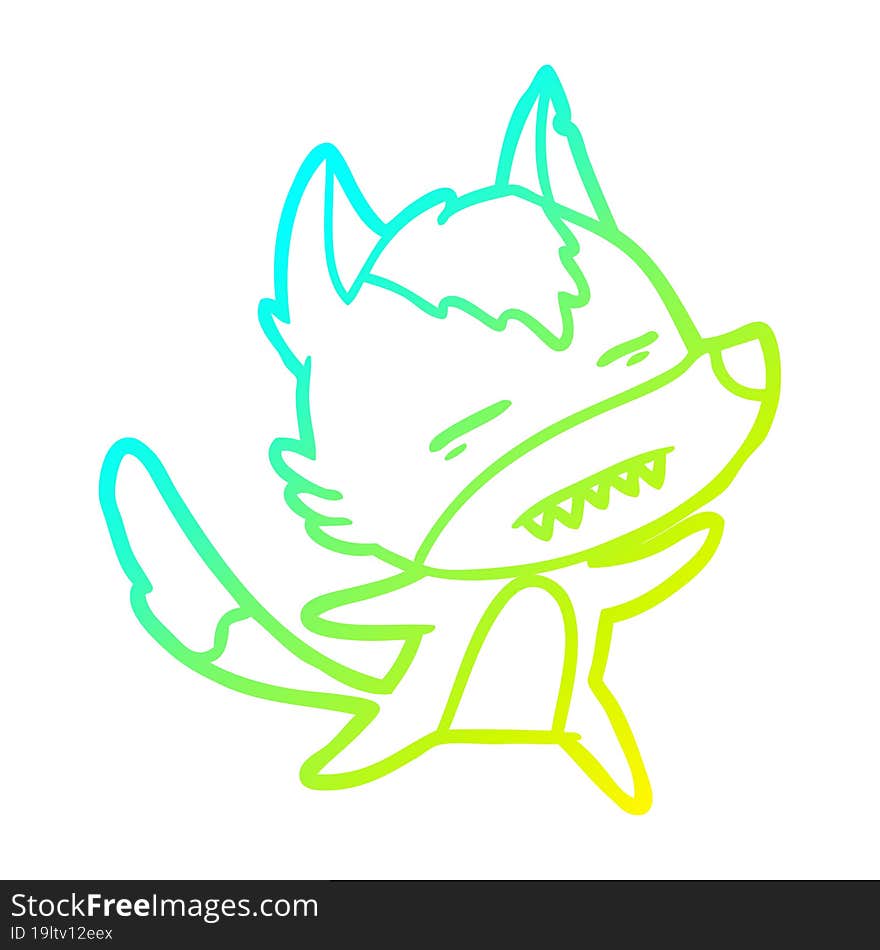 cold gradient line drawing cartoon wolf showing teeth whilst dancing