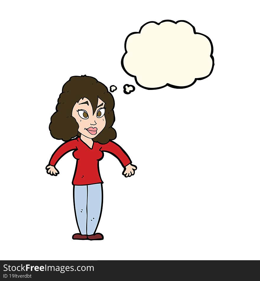 cartoon woman shrugging shoulders with thought bubble