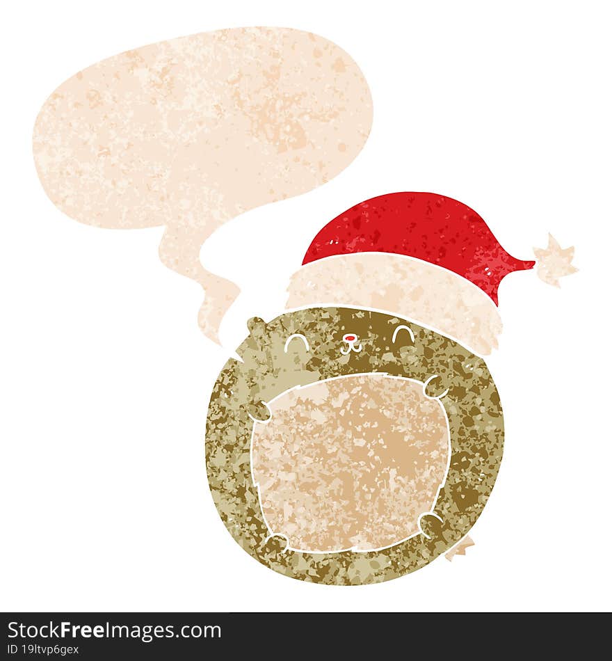 cute cartoon christmas bear and speech bubble in retro textured style