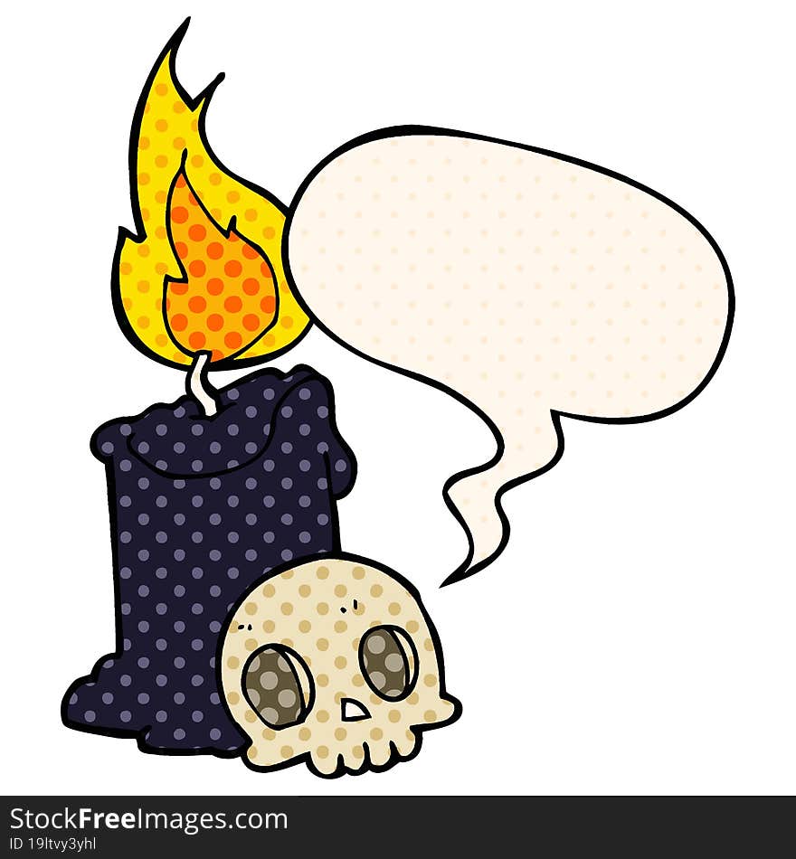 cartoon skull and candle and speech bubble in comic book style