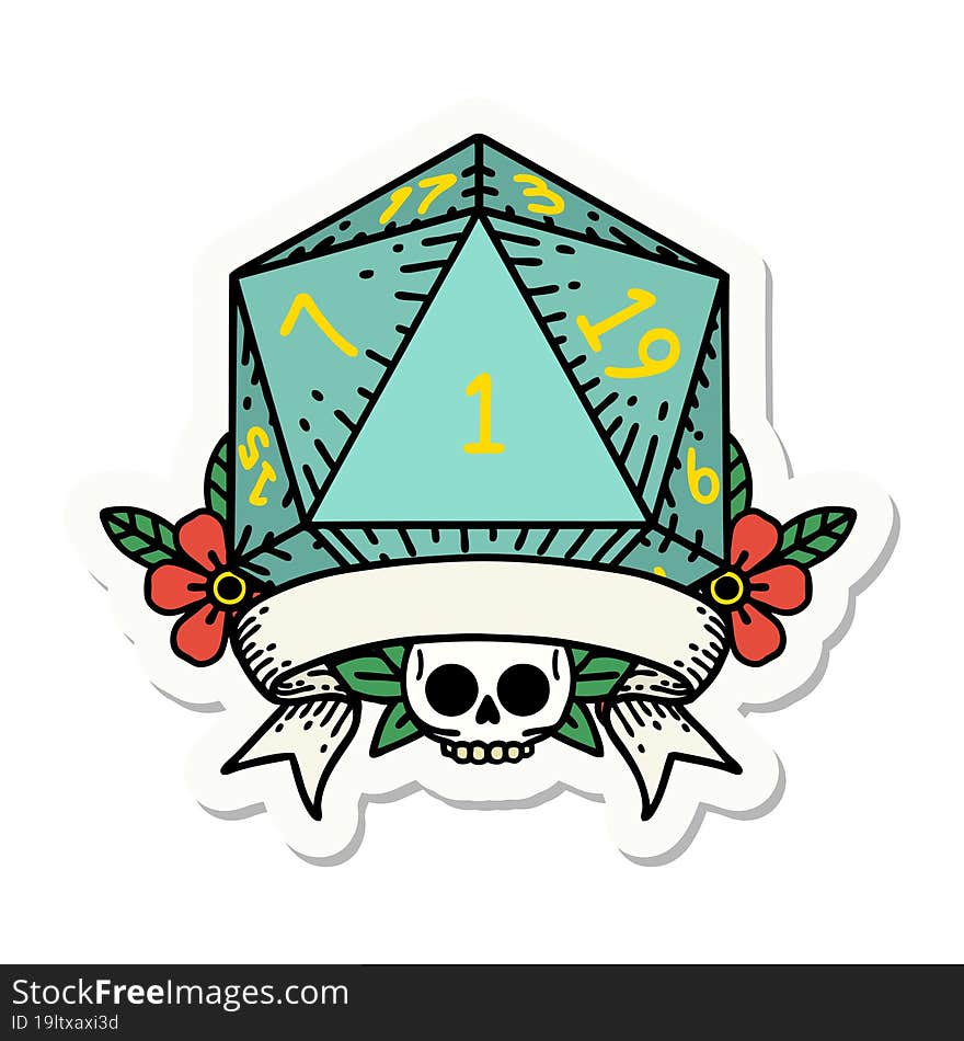 natural one d20 dice roll sticker