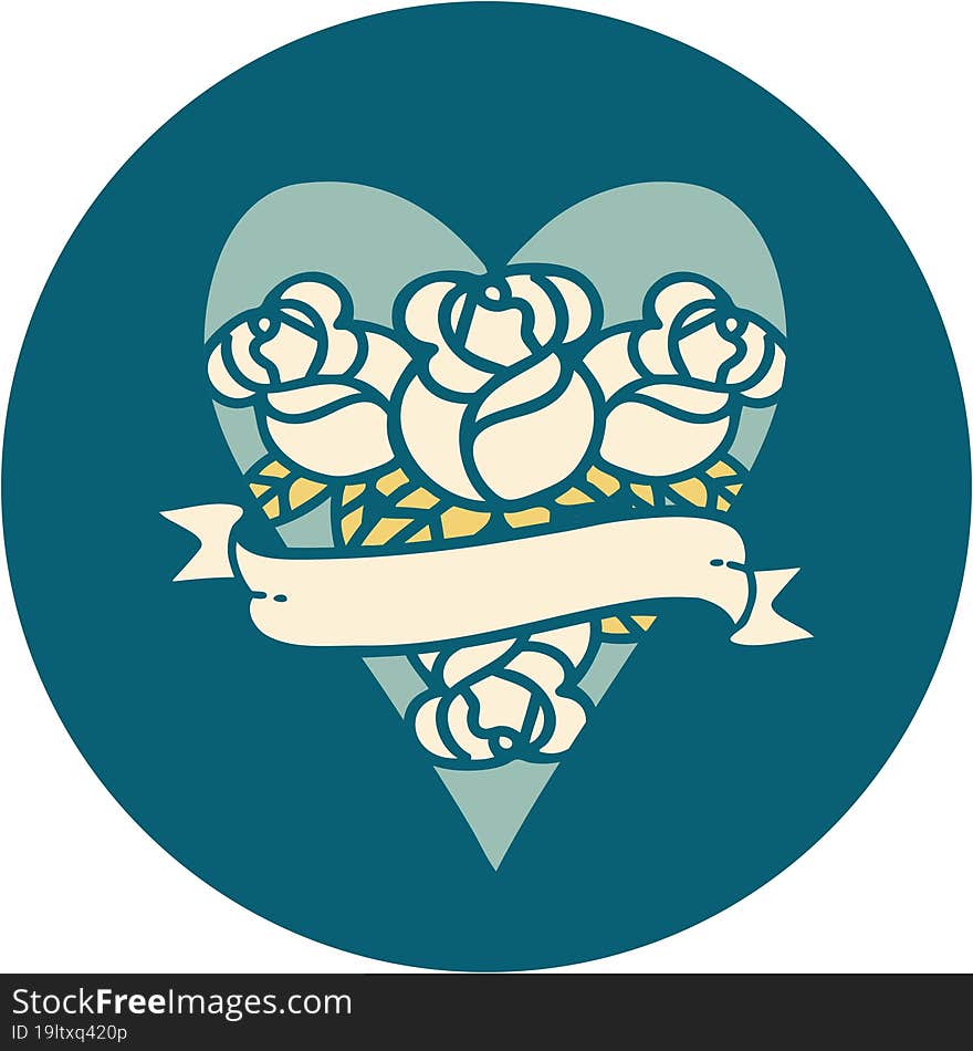 tattoo style icon of a heart and banner with flowers