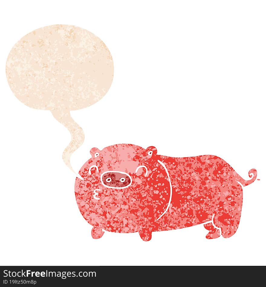 cartoon pig and speech bubble in retro textured style