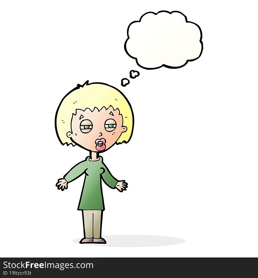 cartoon tired woman with thought bubble