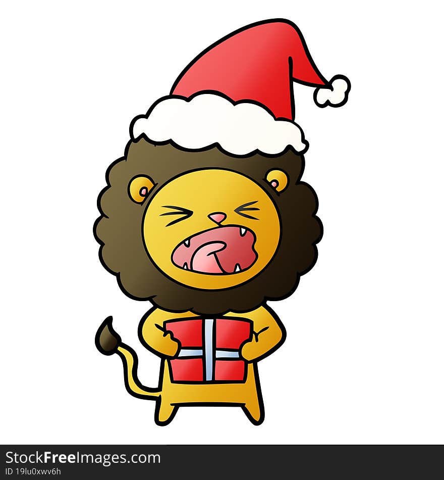 gradient cartoon of a lion with christmas present wearing santa hat