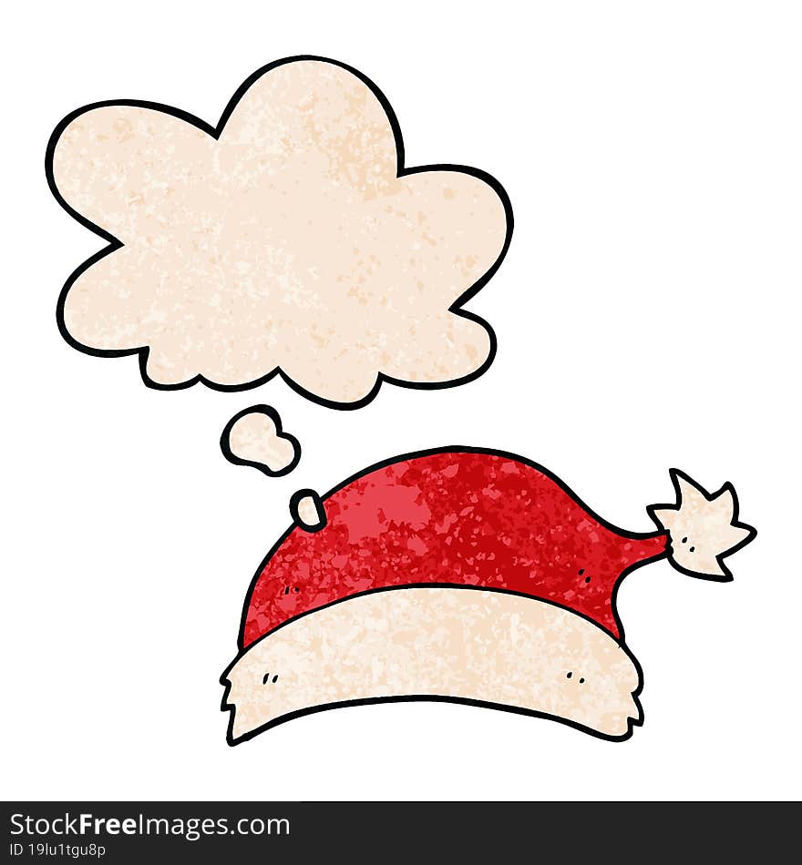 cartoon christmas hat and thought bubble in grunge texture pattern style