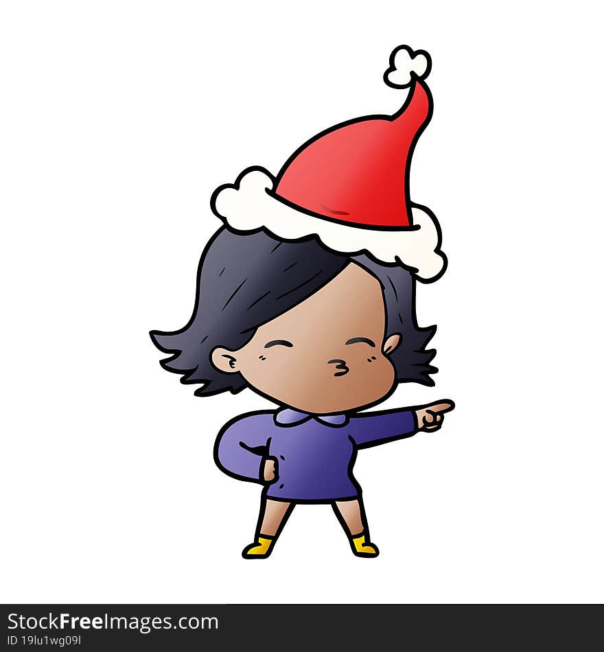 gradient cartoon of a woman pointing wearing santa hat