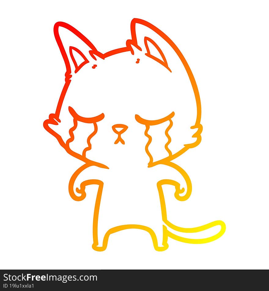 warm gradient line drawing of a crying cartoon cat