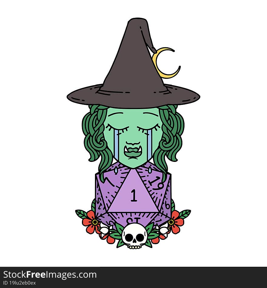 Retro Tattoo Style sad half orc witch character with natural one D20 roll. Retro Tattoo Style sad half orc witch character with natural one D20 roll