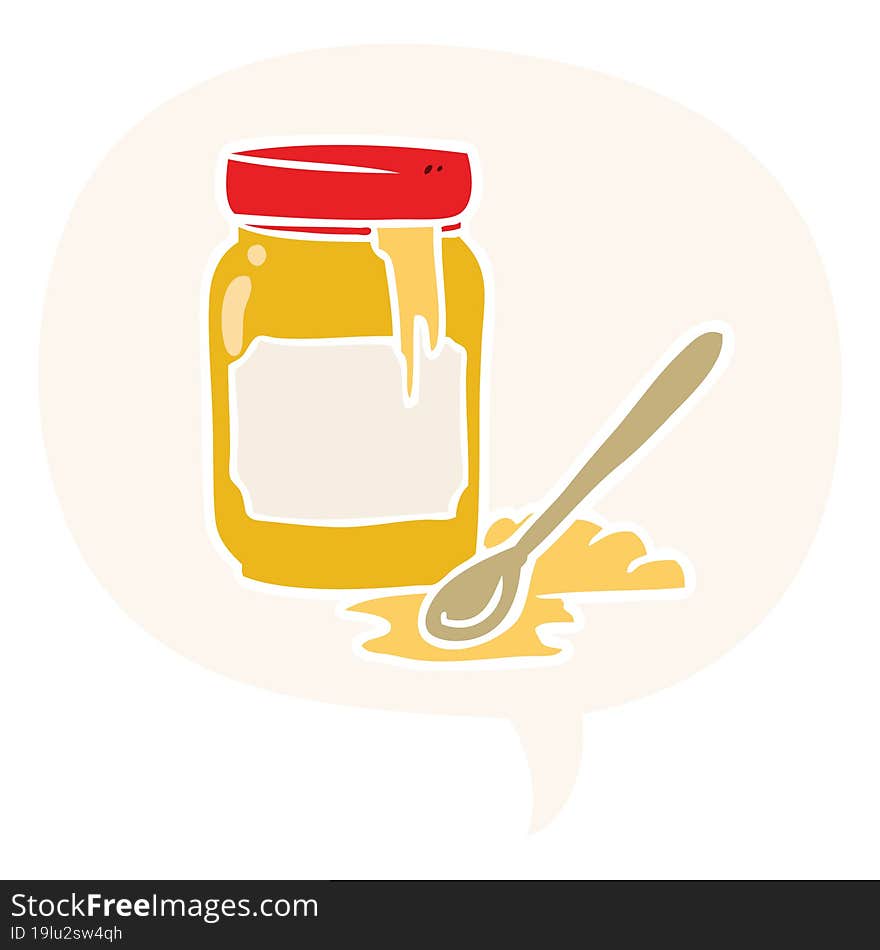 cartoon jar of honey with speech bubble in retro style