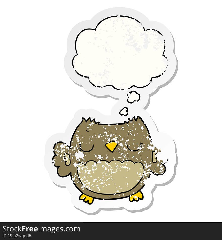 cute cartoon owl and thought bubble as a distressed worn sticker