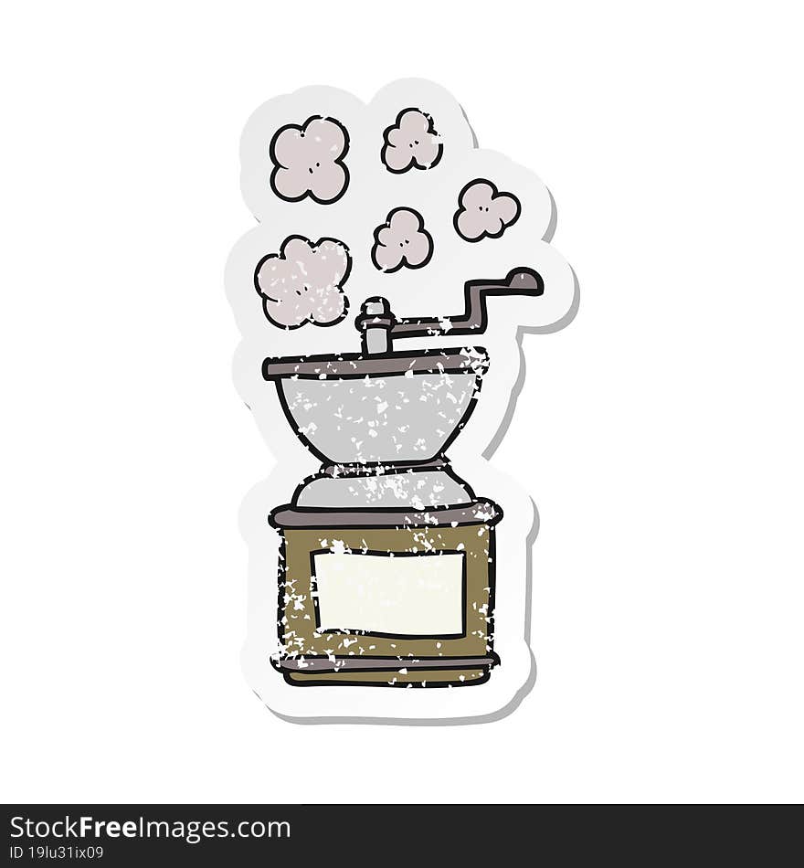 retro distressed sticker of a cartoon coffee bean grinder