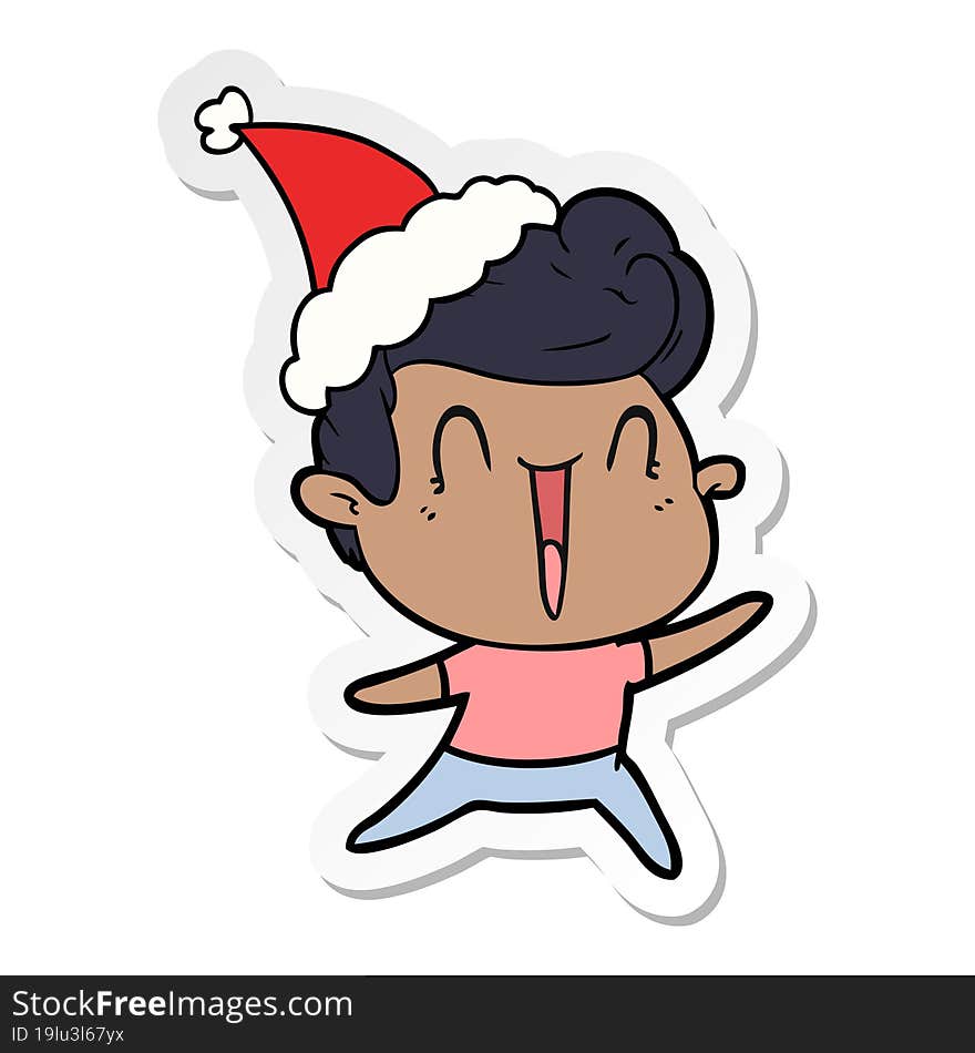 hand drawn sticker cartoon of a excited man wearing santa hat