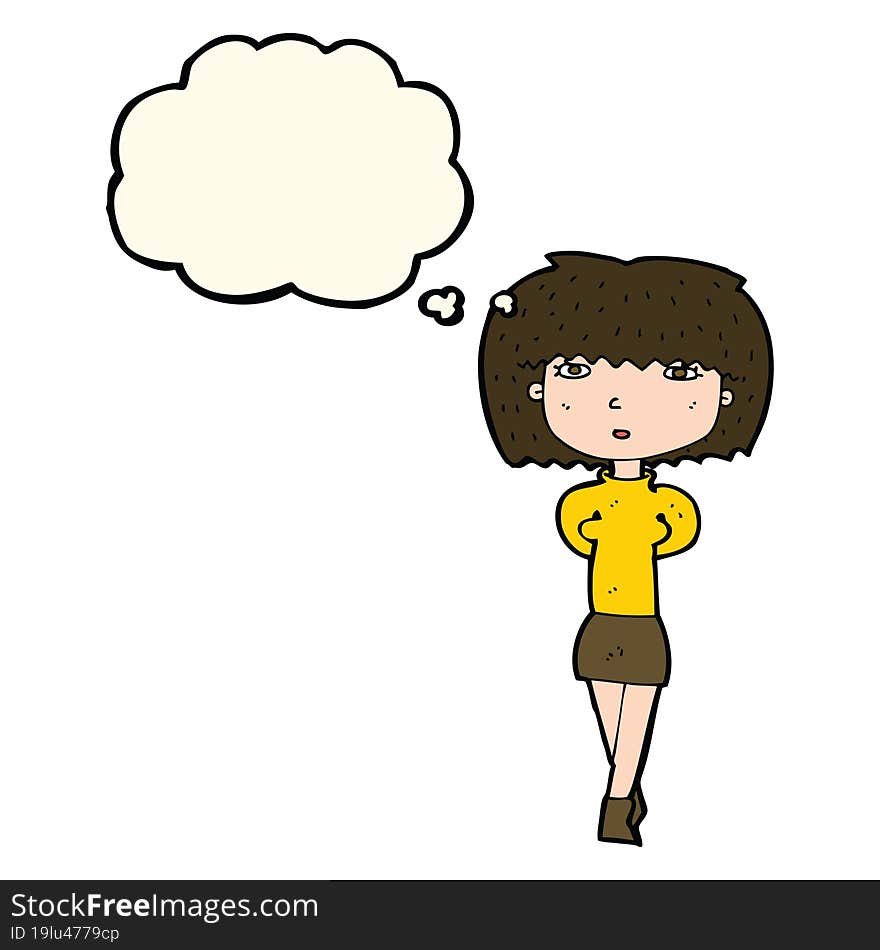 cartoon shy woman with thought bubble