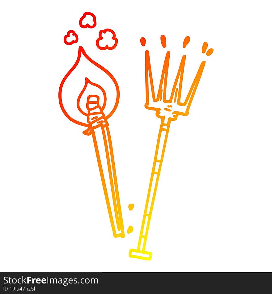 warm gradient line drawing cartoon pitchfork and burning brand