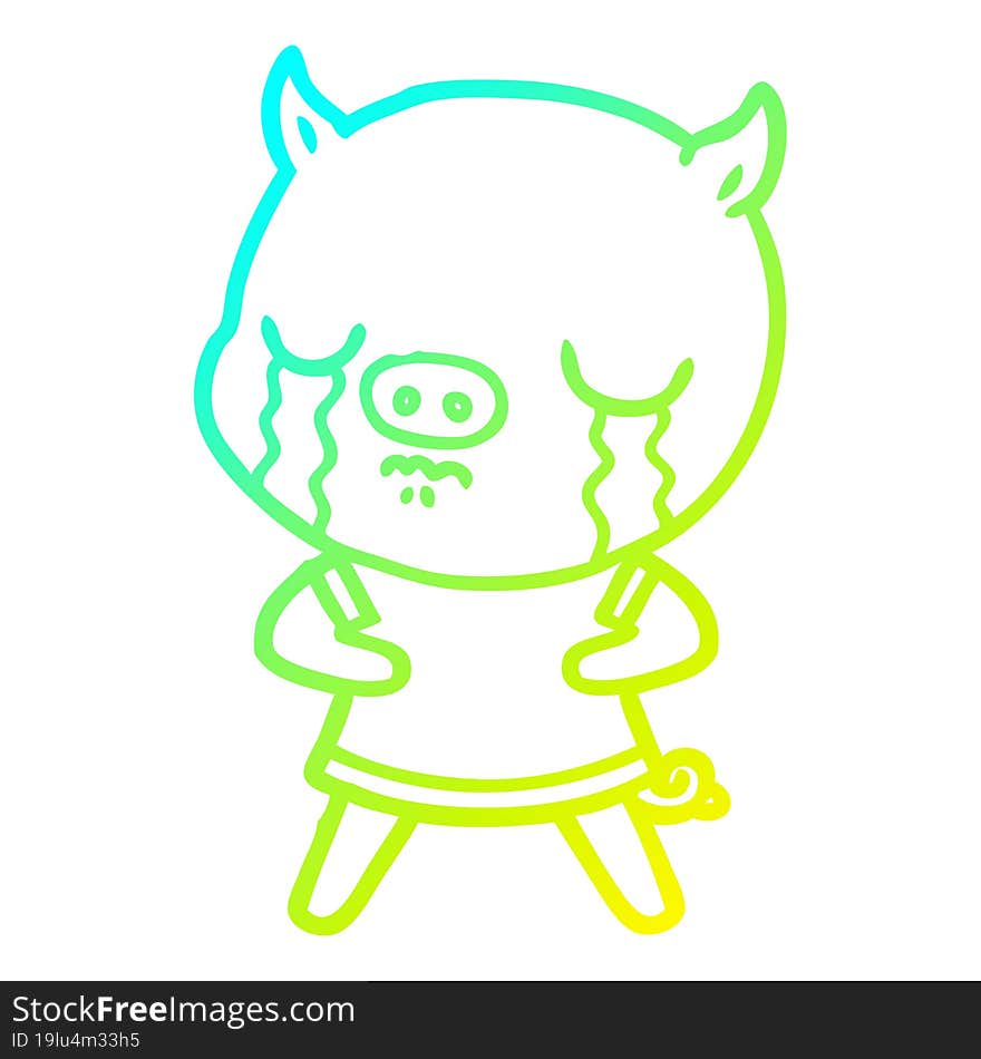 cold gradient line drawing of a cartoon pig crying