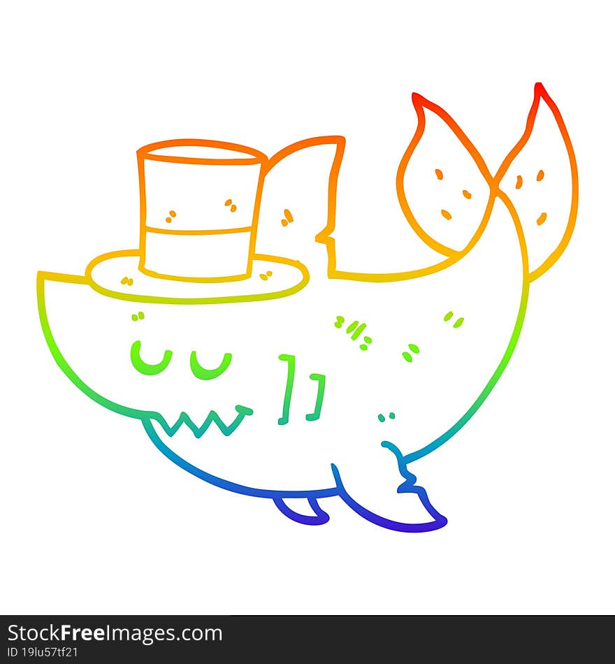 rainbow gradient line drawing cartoon shark wearing top hat