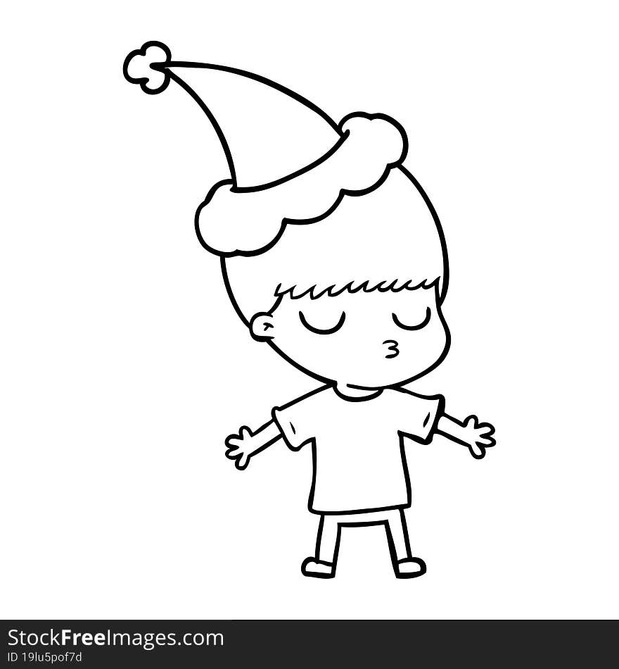 line drawing of a calm boy wearing santa hat