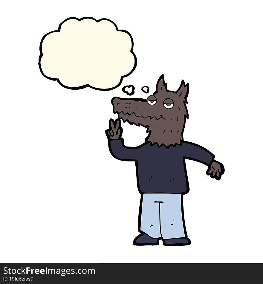 Cartoon Happy Wolf Man With Thought Bubble