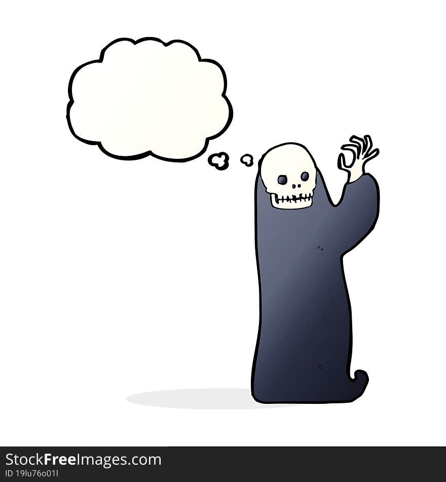 cartoon waving halloween ghoul with thought bubble