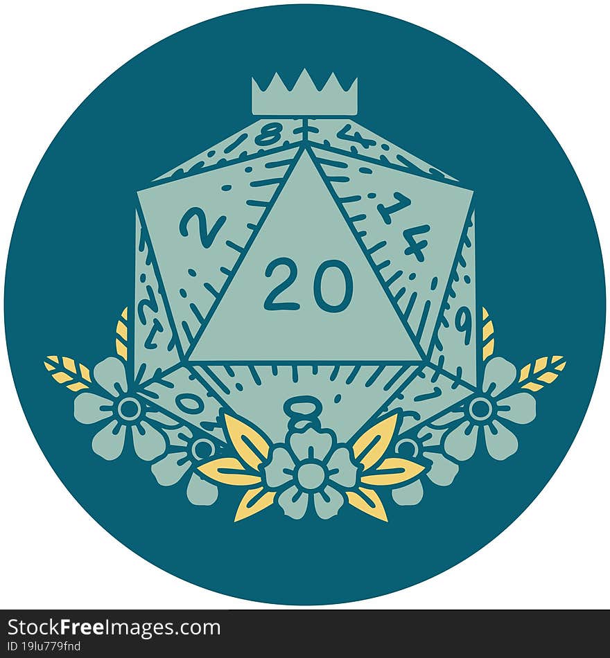 Natural 20 D20 Dice Roll With Floral Elements Illustration