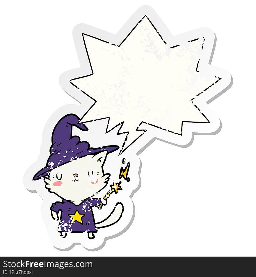 Magical Amazing Cartoon Cat Wizard And Speech Bubble Distressed Sticker