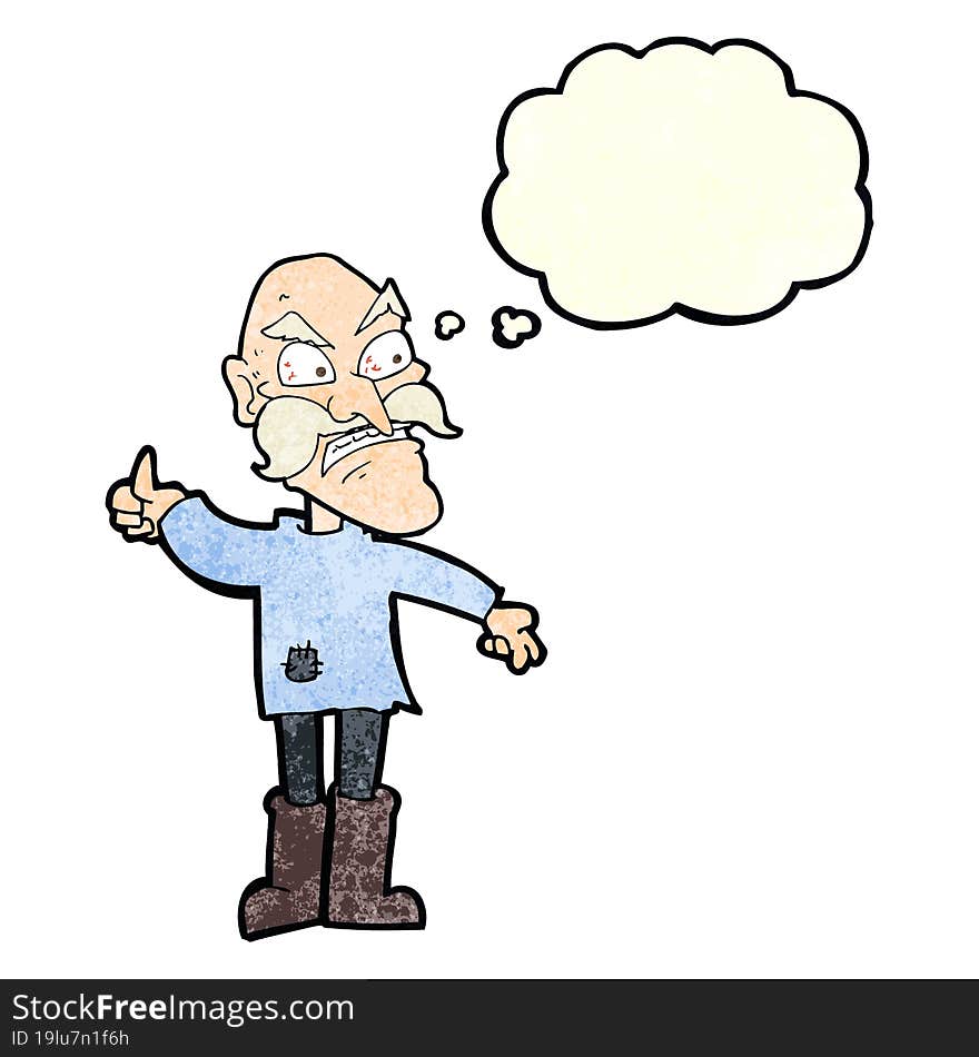 cartoon angry old man in patched clothing with thought bubble