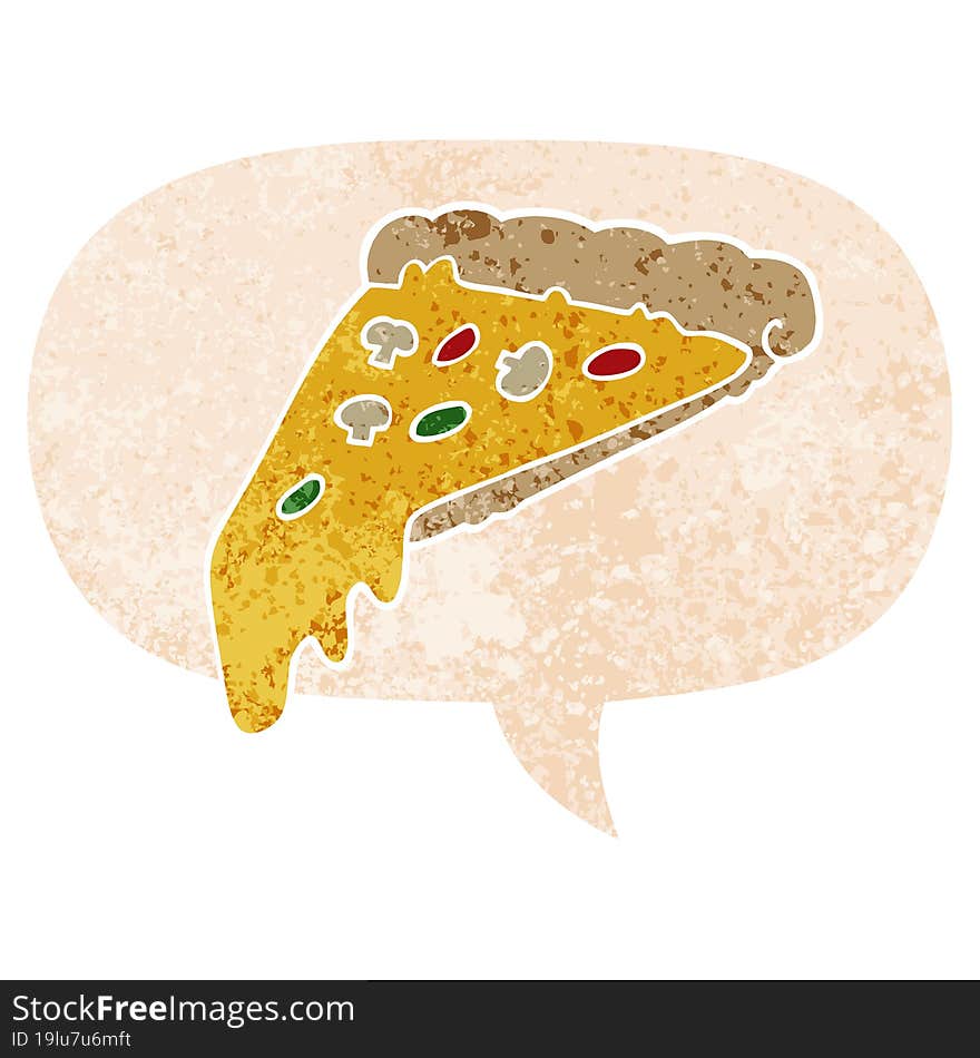 cartoon pizza slice and speech bubble in retro textured style