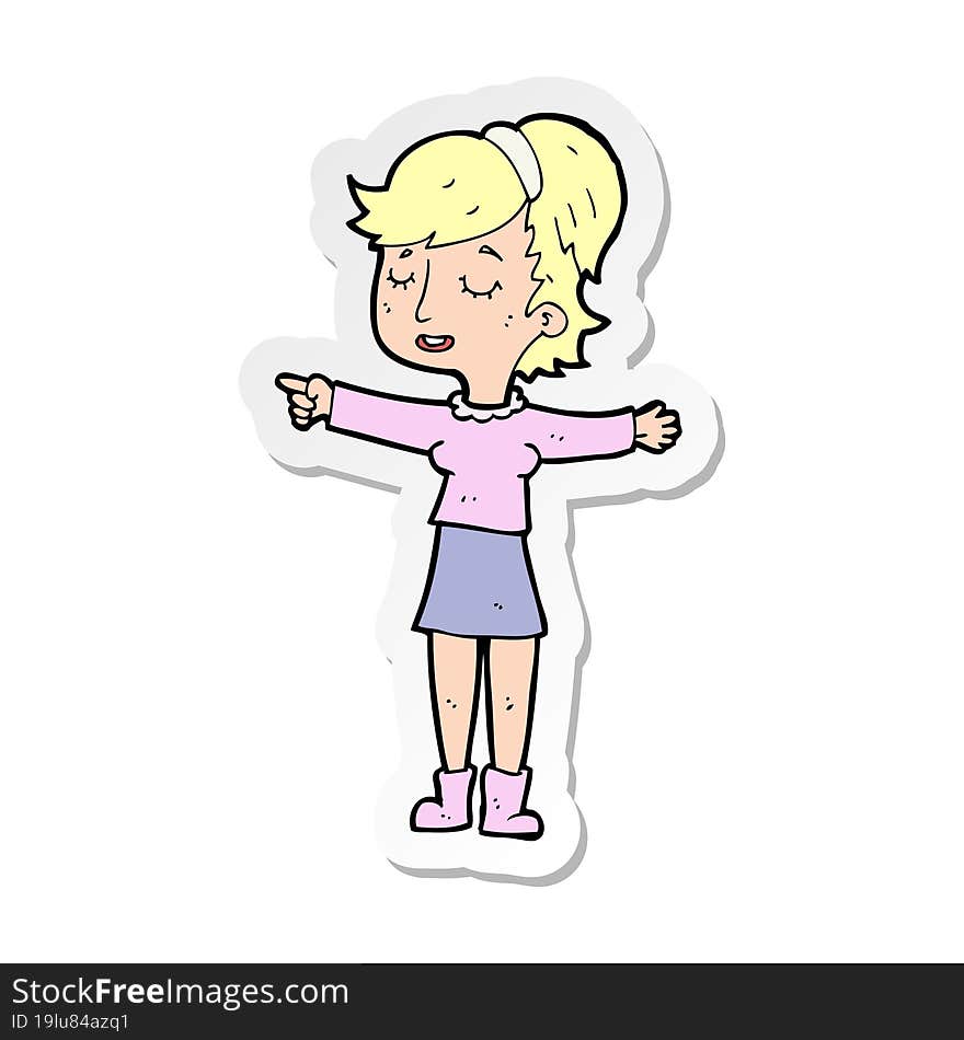 sticker of a cartoon happy woman pointing