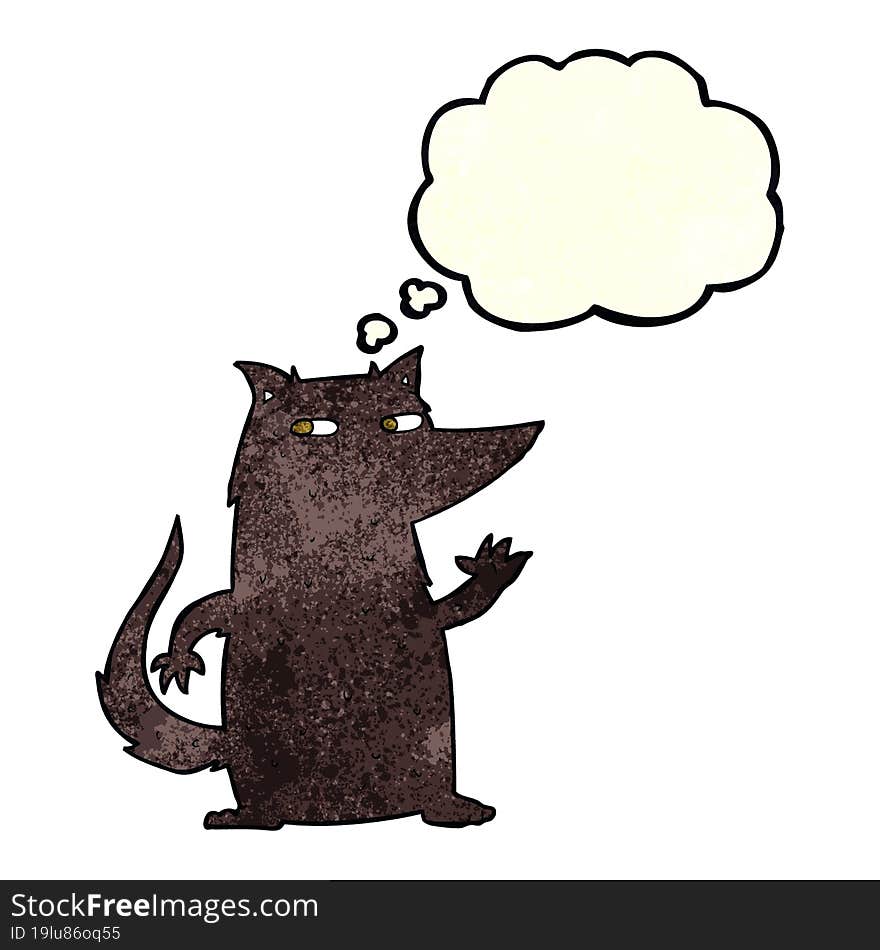 cartoon wolf waving with thought bubble