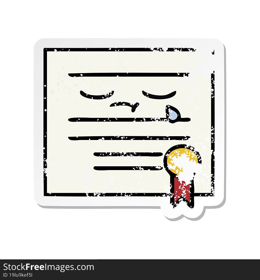 distressed sticker of a cute cartoon graduation diploma