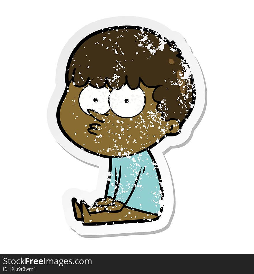 distressed sticker of a cartoon boy sat waiting