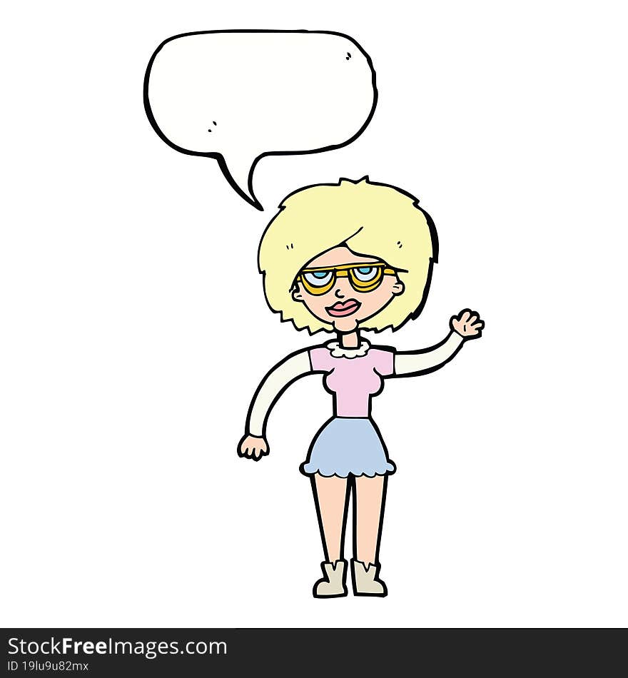 cartoon waving woman wearing spectacles with speech bubble