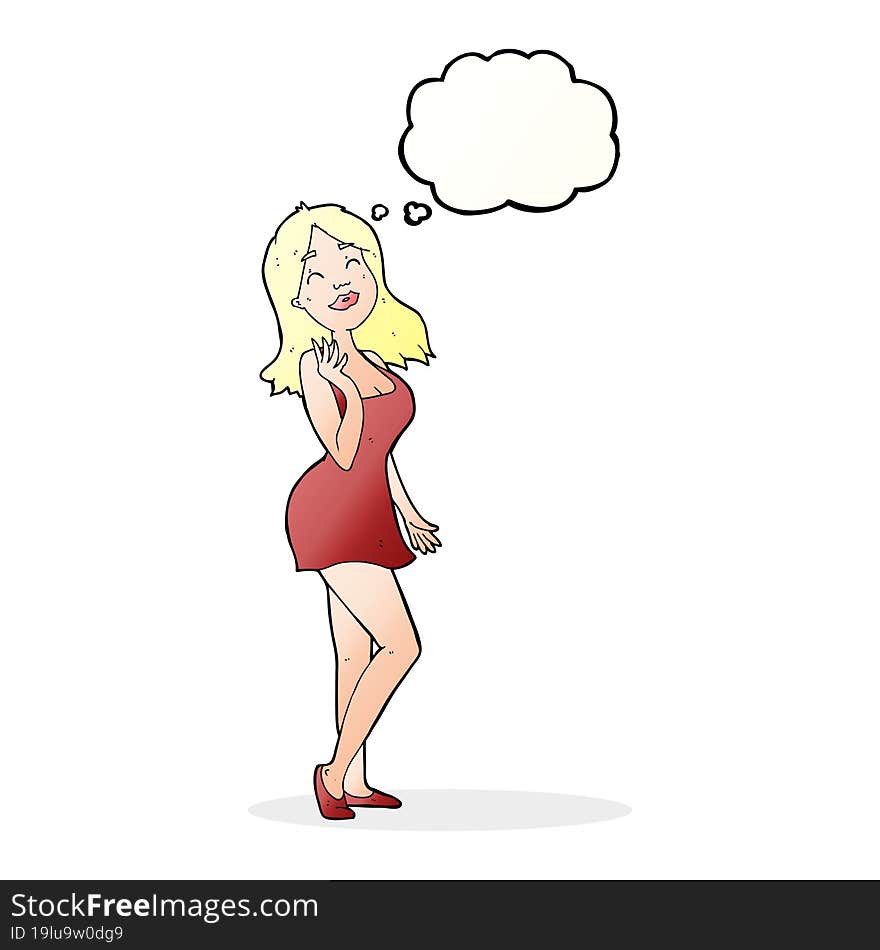 Cartoon Pretty Woman In Cocktail Dress With Thought Bubble