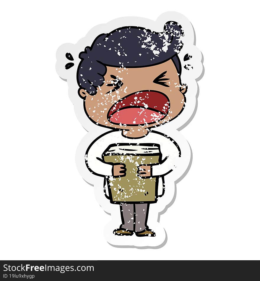 distressed sticker of a cartoon shouting man with book