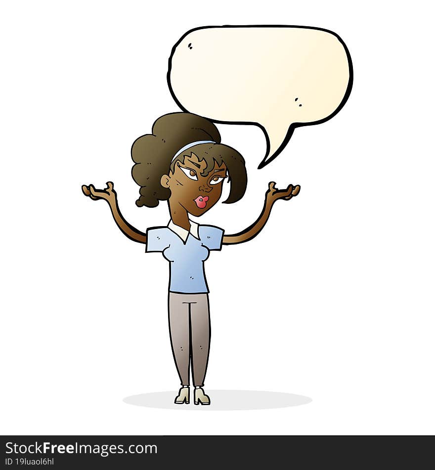 cartoon woman raising hands in air with speech bubble