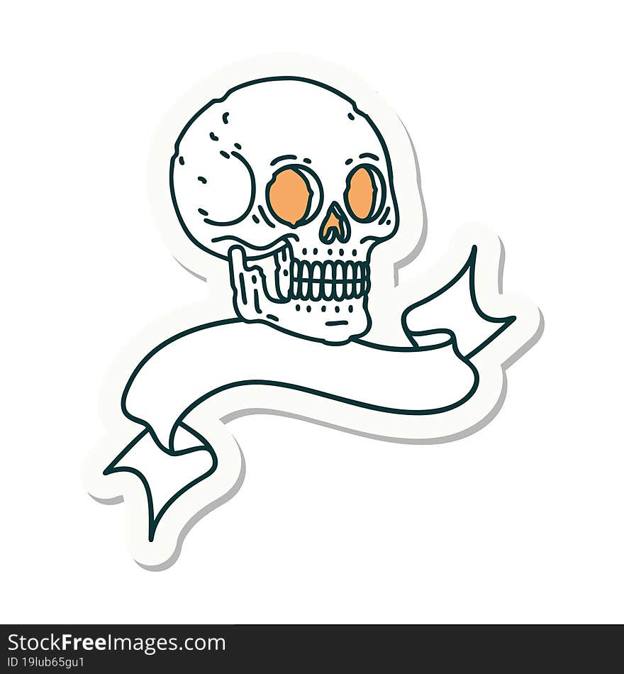 tattoo style sticker with banner of a skull