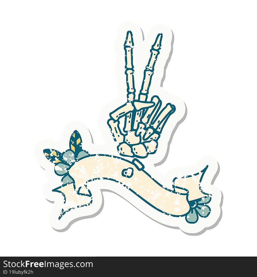 grunge sticker with banner of a skeleton hand giving a peace sign